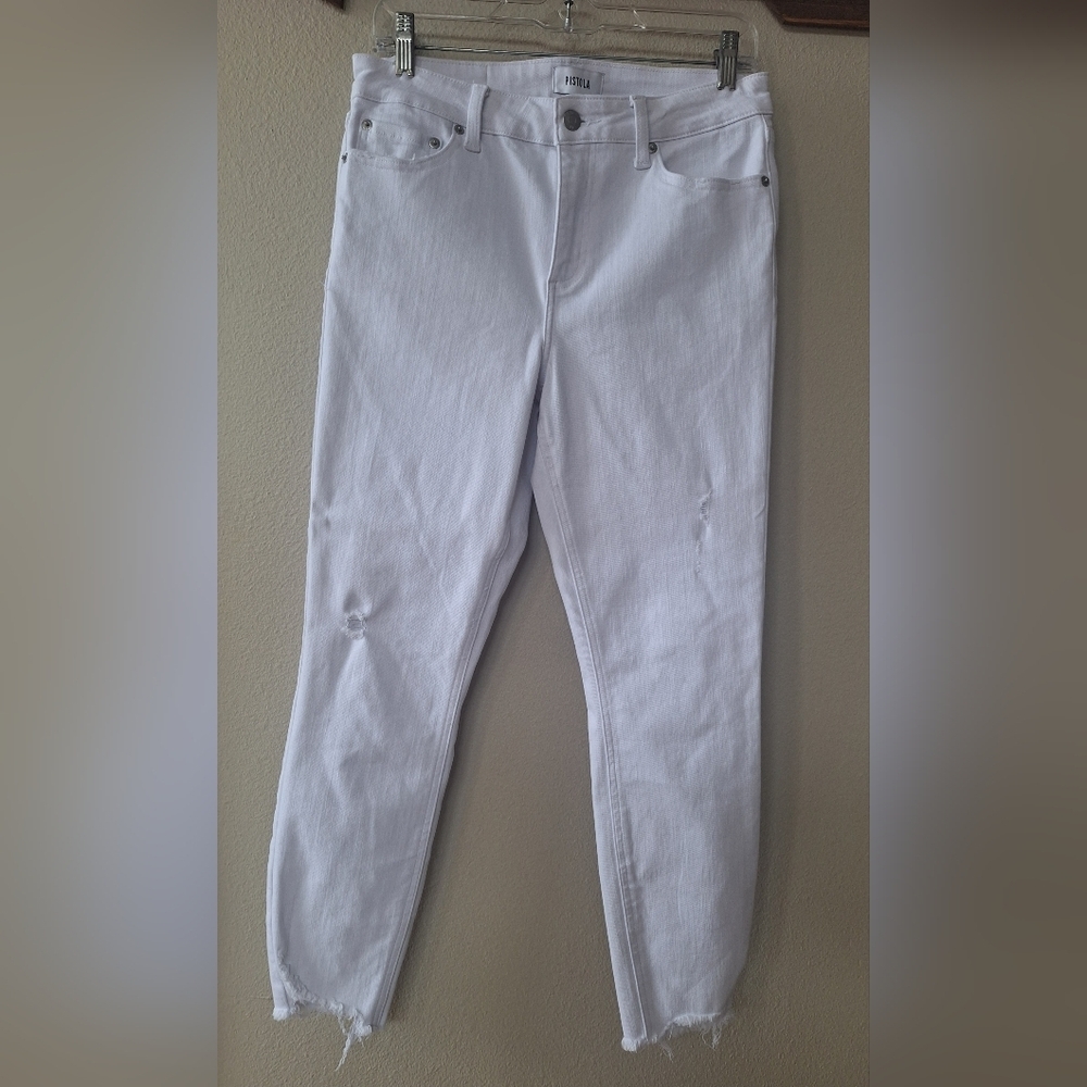 Pistola White Denim Stretch Skinny Cropped Raw Hem Jeans Womens 29x26